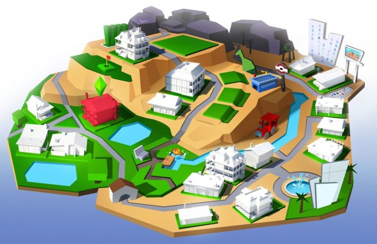 Arte conceptual de los mapas en Los Sims 4 por @EmilyZeinner