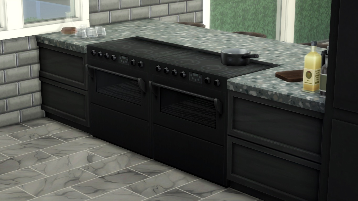 Ejemplo de una cocina creada en Los Sims 4 con la colección The Kichen