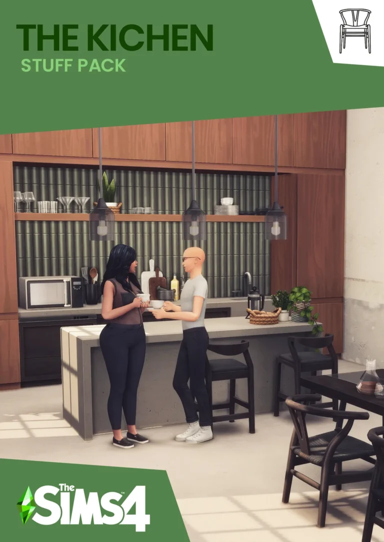Portada de The Kichen, colección de cocina con 56 piezas CC Maxis Match para Los Sims 4
