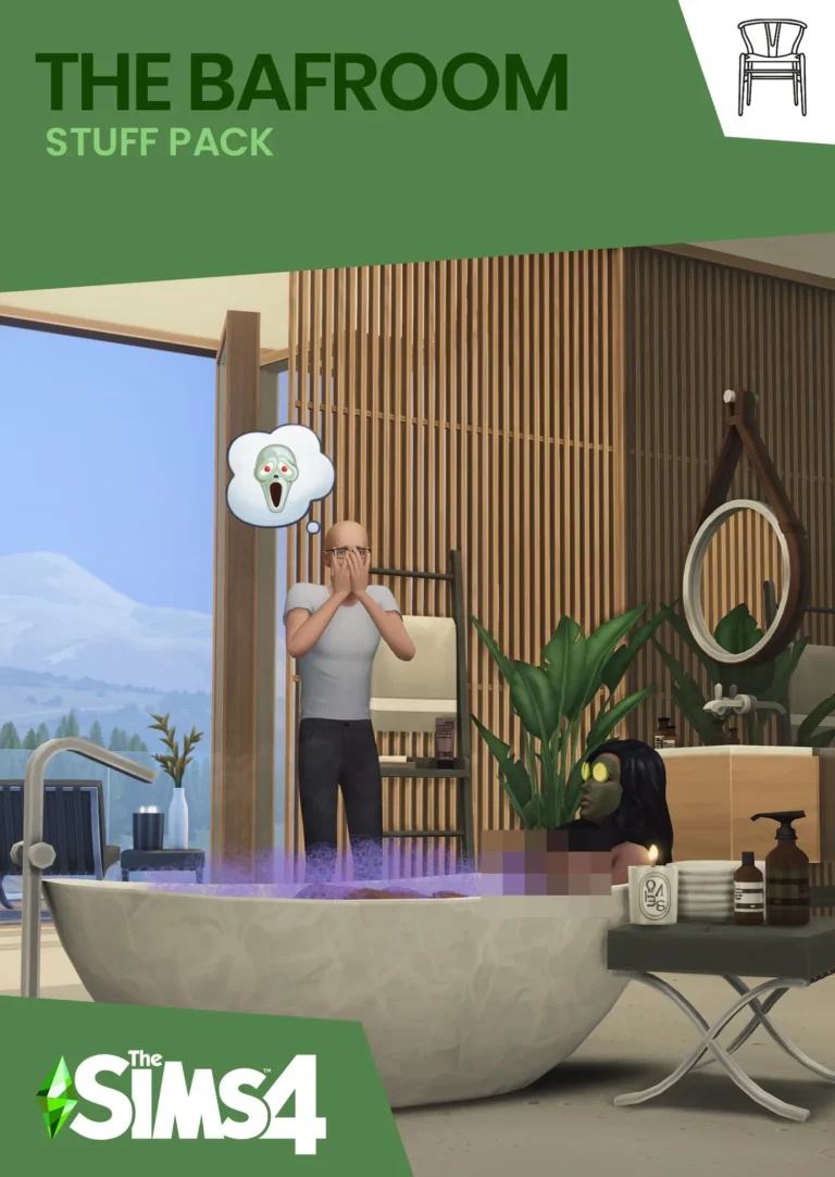 Portada de The Bafroom, colección de baño con 94 piezas CC Maxis Match para Los Sims 4