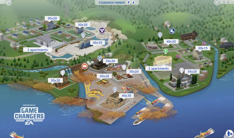 Dimensiones de los solares en el nuevo mundo Evergreen Harbor de Los Sims 4 Vida Ecológica