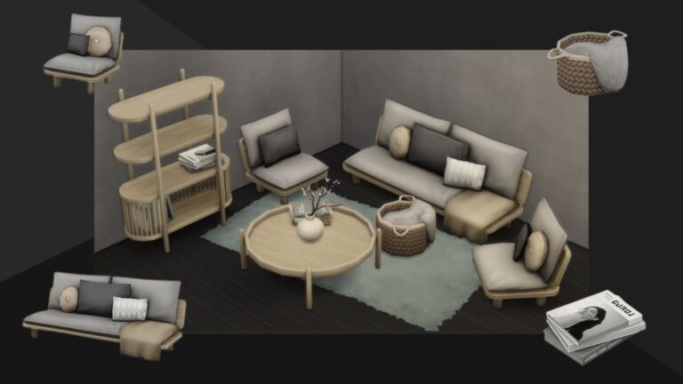 CC: Set de muebles de salón “Nora Living” creado por Myshunosun para los Sims 4