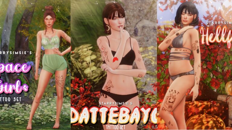 CC: Set de tatuajes de Naruto el espacio y la cultura pop de StarrySimsie para Los Sims 4