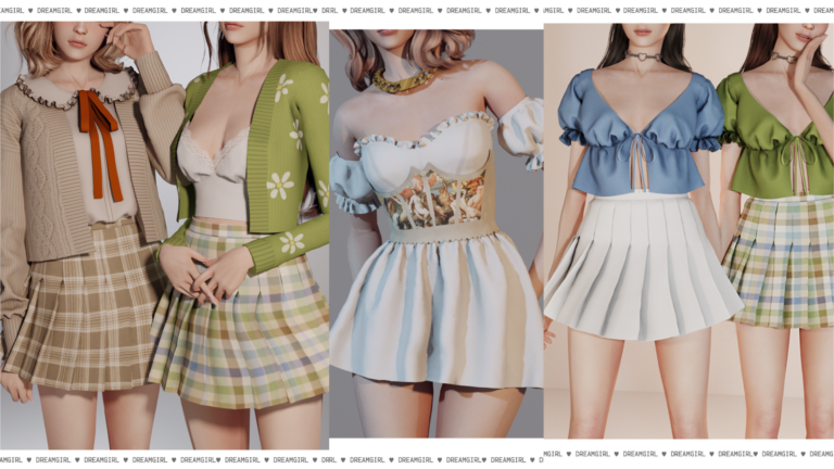 CC: conjuntos de cárdigan falda plisada y vestido aesthetic para Los Sims 4