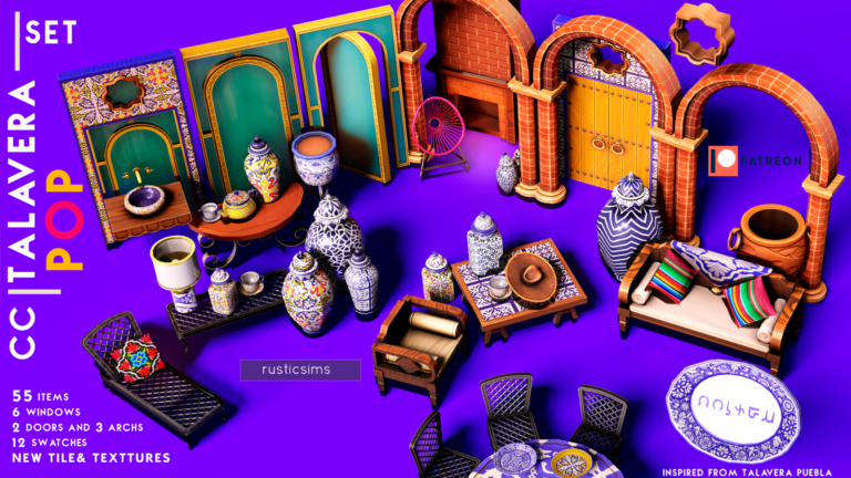 CC:  Set de decoración Talavera Pop de RusticSims para Los Sims 4