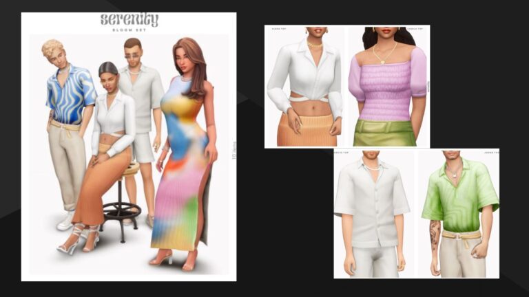 CC: Set de ropa chic para mujeres y hombres creado por Serenity para los Sims 4