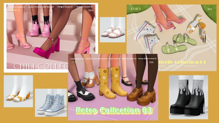 CC: Colección de zapatillas, botas y sandalias de mariposas y flores para Los Sims 4