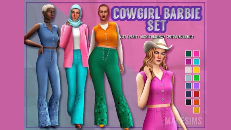 CC: Cowgirl Barbie set de ropa para Los Sims 4