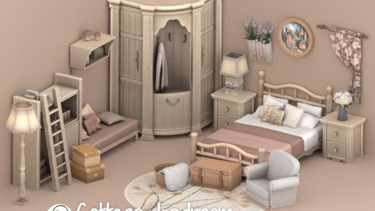 CC: Maravilloso set de muebles de habitación estilo granja creado por Syboulette para los Sims 4