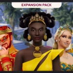 Arte oficial de Los Sims 4 Dinastías y Linajes Pack de Expansión con tres Sims vestidos con atuendos elegantes y fondo urbano.