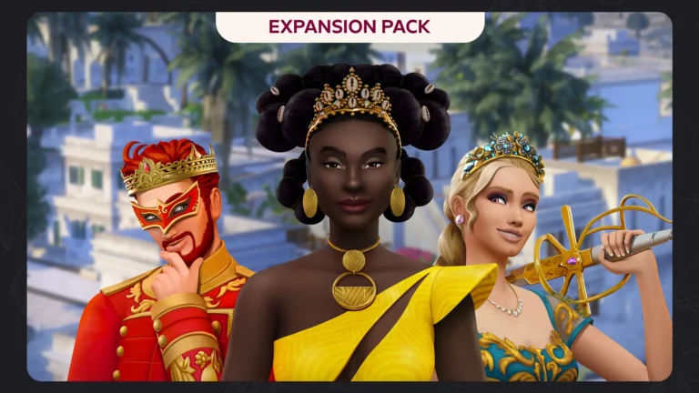Arte oficial de Los Sims 4 Dinastías y Linajes Pack de Expansión con tres Sims vestidos con atuendos elegantes y fondo urbano.