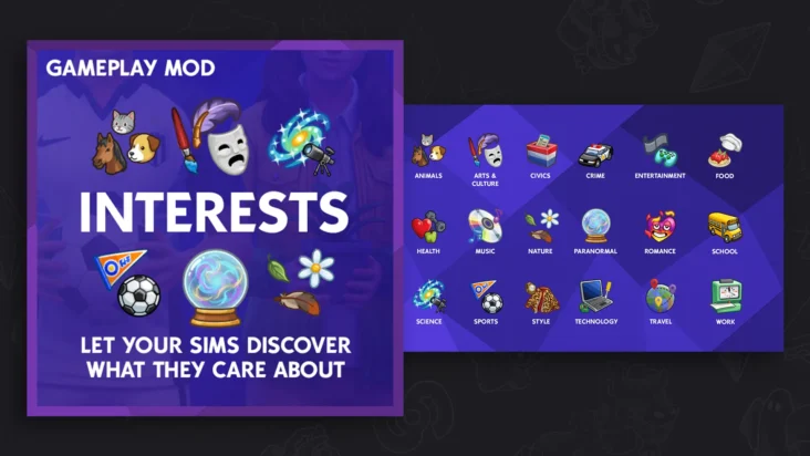 Mods Sims 4 Interests mostrando los iconos de intereses del gameplay