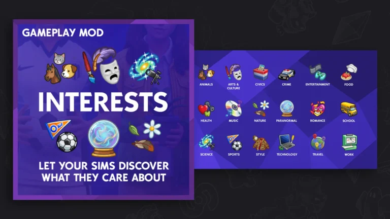 Mods Sims 4 Interests mostrando los iconos de intereses del gameplay