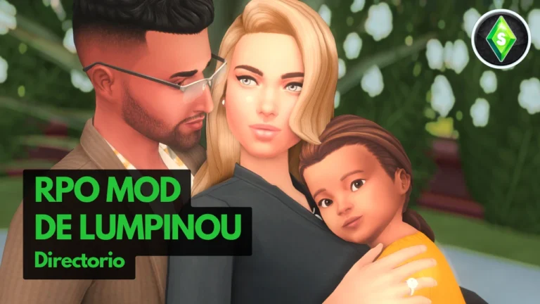 Mod RPO de Lumpinou para Los Sims 4 mostrando interfaz principal con los 19 módulos de embarazo y romance disponibles