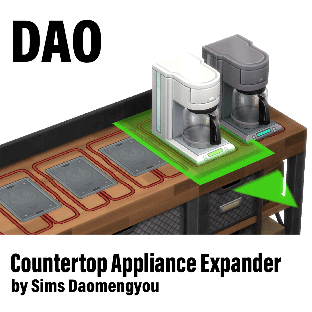 Sims 4 mods Sims Daomengyou con layout de colocación de electrodomésticos en cocina