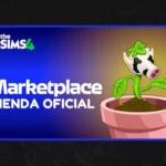 Sims 4 Marketplace banner oficial con logo y planta vaca, presentado por Simlish4