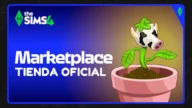 Sims 4 Marketplace banner oficial con logo y planta vaca, presentado por Simlish4