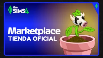 Sims 4 Marketplace banner oficial con logo y planta vaca, presentado por Simlish4