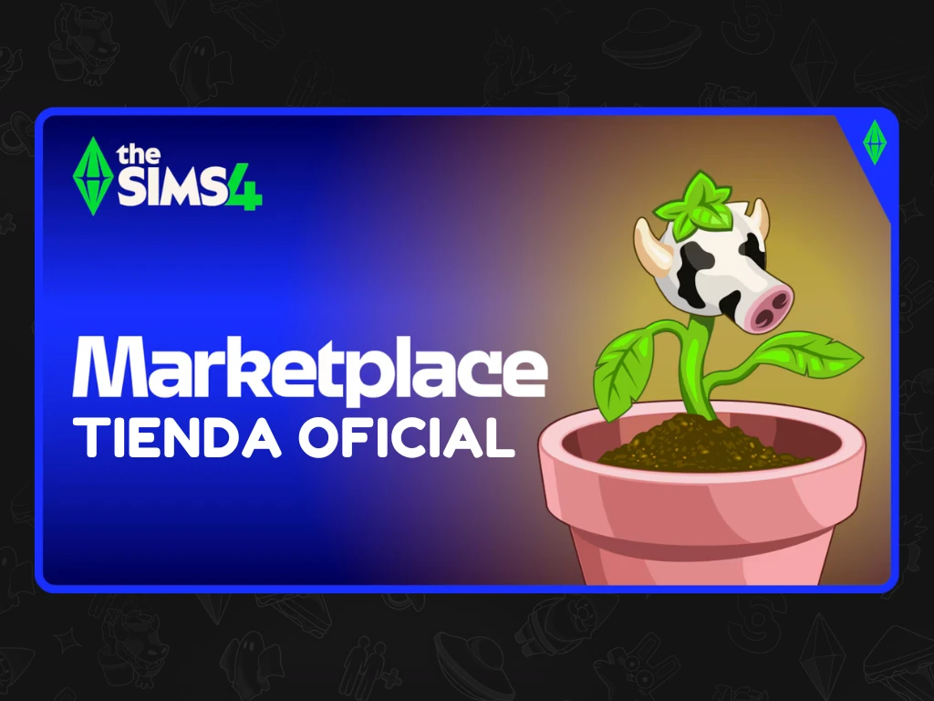 Sims 4 Marketplace banner oficial con logo y planta vaca, presentado por Simlish4