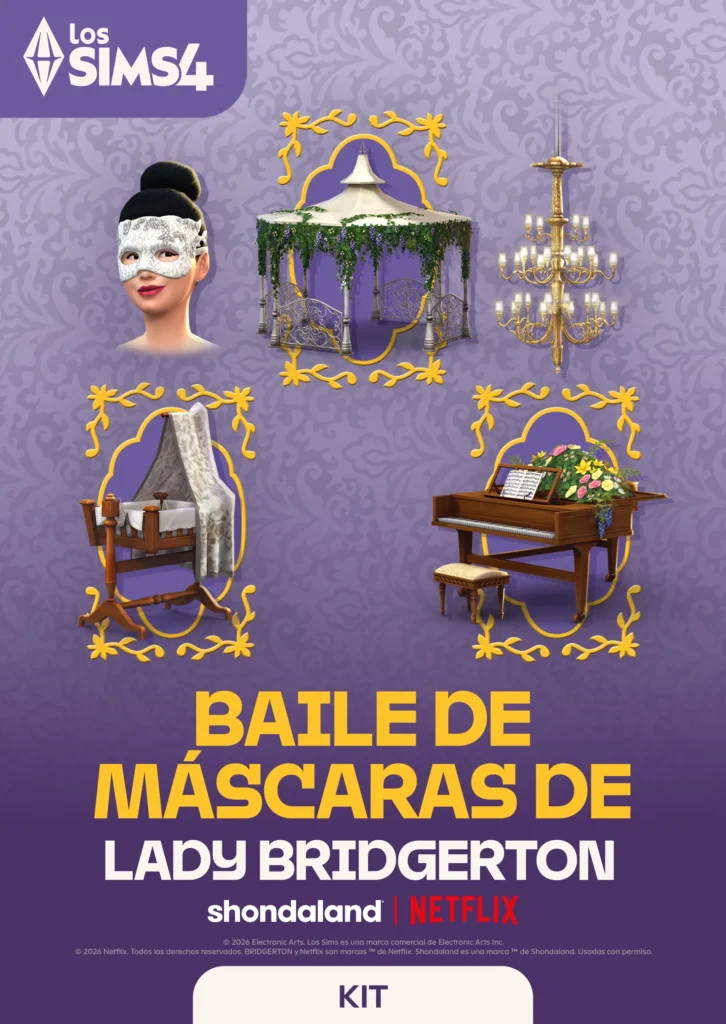 Imagen promocional de la colaboración entre Los Sims 4 y Bridgerton con Sims usando atuendos elegantes y decoración inspirada en bailes de máscaras.