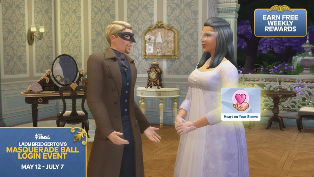 Arte oficial del login event de Bridgerton para Los Sims 4 mostrando recompensas y ambiente de alta sociedad.