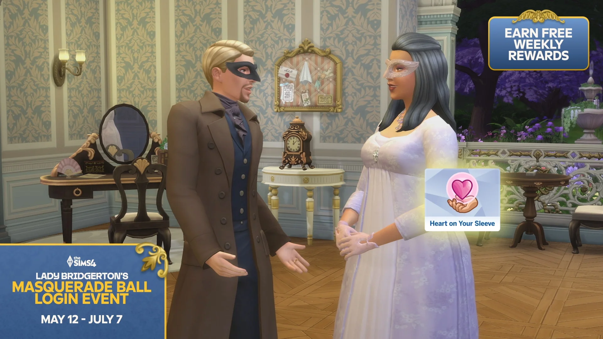 Arte oficial del login event de Bridgerton para Los Sims 4 mostrando recompensas y ambiente de alta sociedad.