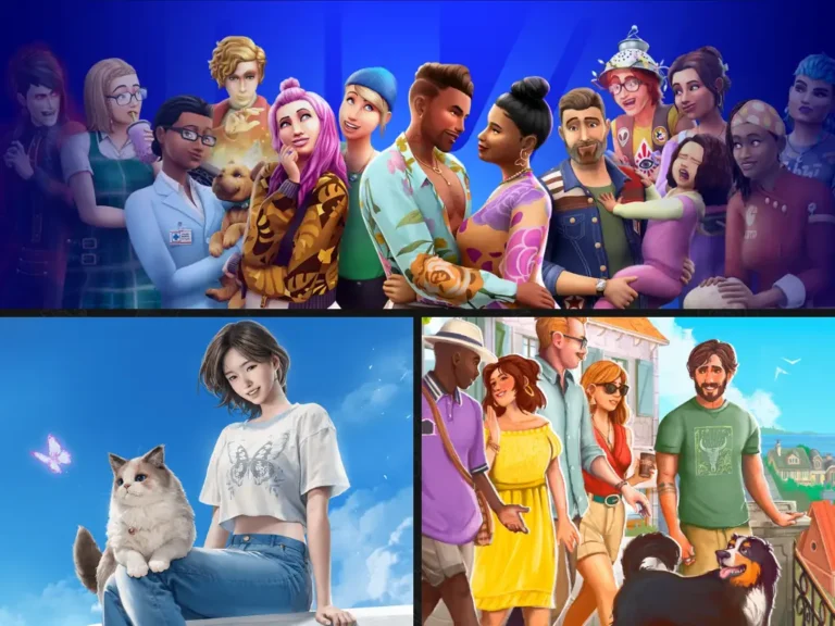 Collage comparando Los Sims 4, inZOI y Paralives, mostrando personajes y mascotas representativos de los tres principales simuladores de vida.