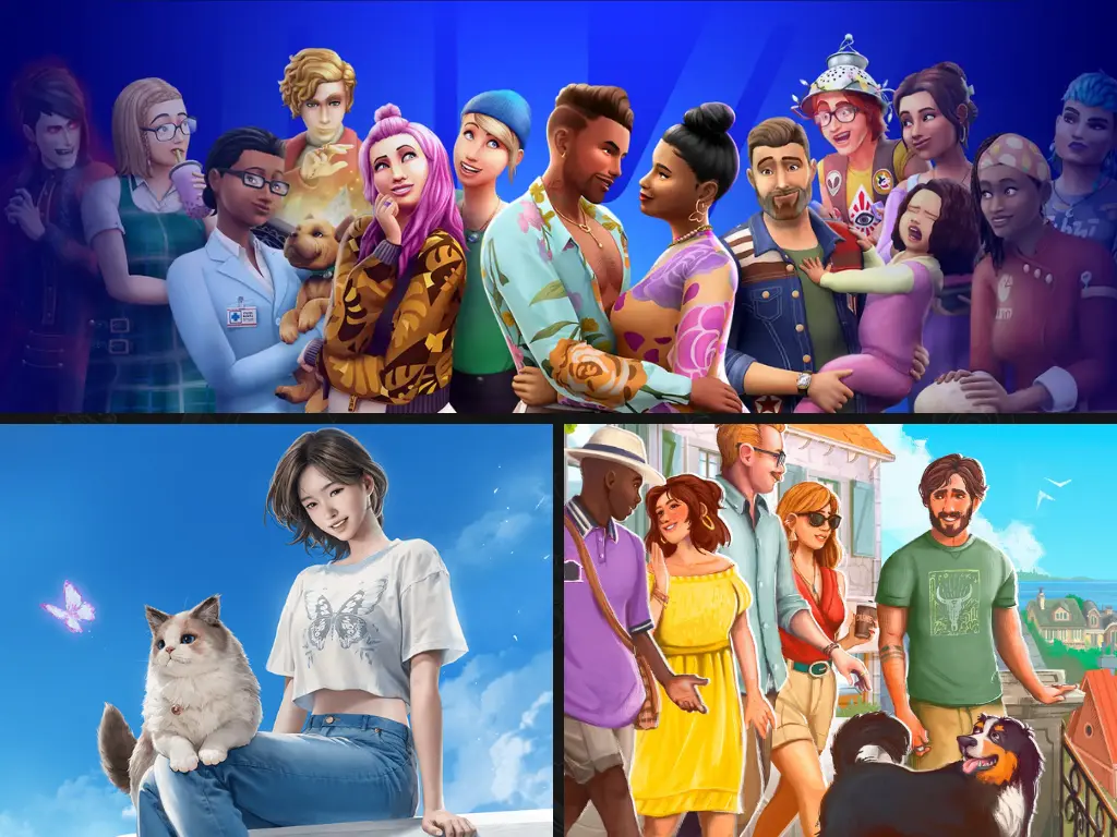 Collage comparando Los Sims 4, inZOI y Paralives, mostrando personajes y mascotas representativos de los tres principales simuladores de vida.