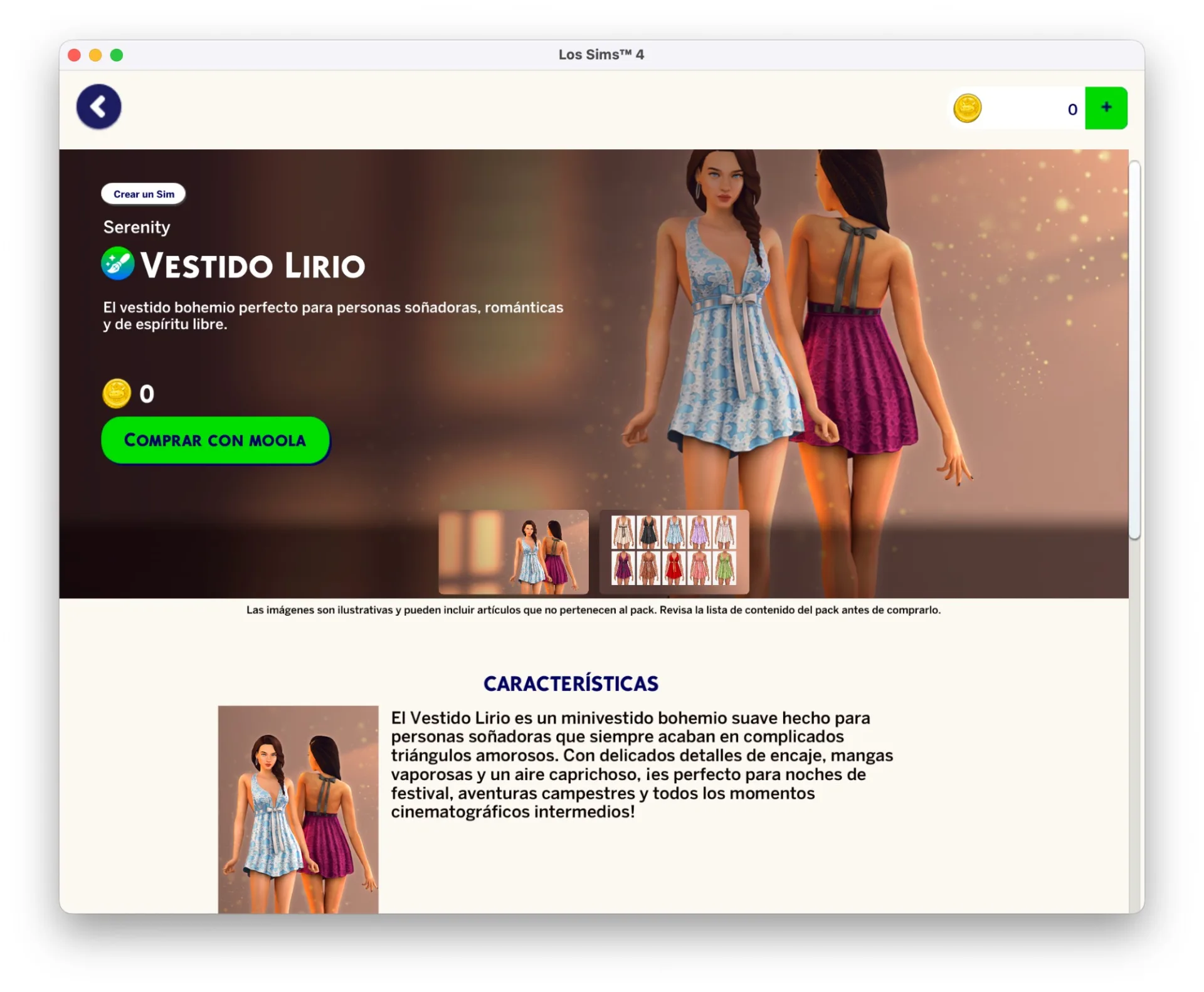 Página del pack 'Vestido Lirio' con modelos femeninas mostrando dos variantes del minivestido bohemio.