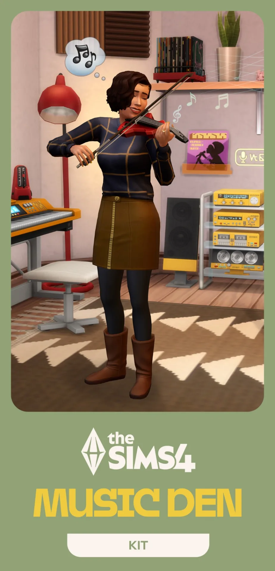 Sim tocando un violín eléctrico en una sala con teclado, lámpara, estantería con equipo de audio y la marca The Sims 4 con el texto Music Den en la parte inferior.