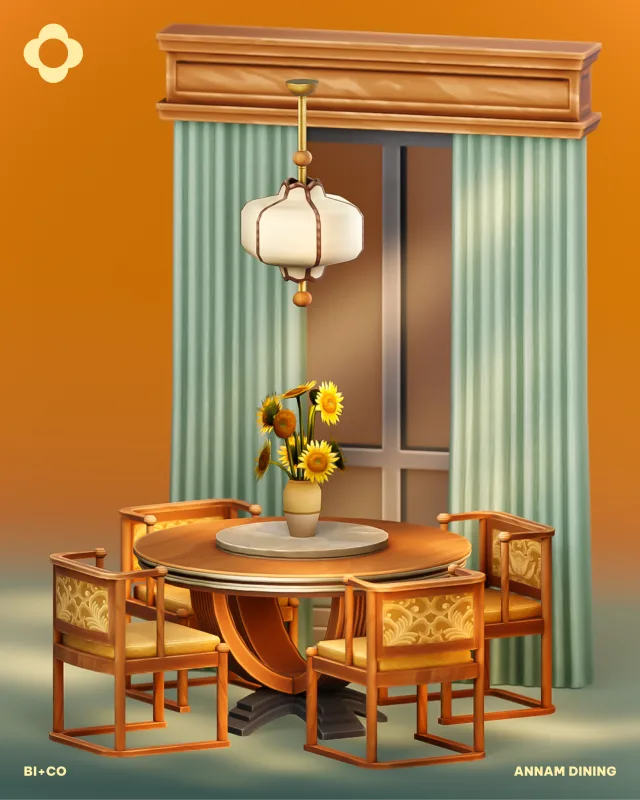 Annam Dining A warm and elegant dining set inspired by classic Indochine homes - perfect for cozy meals, late-night chats, or just showing off your Sim’s good taste. Includes a de biplusco para Los Sims 4