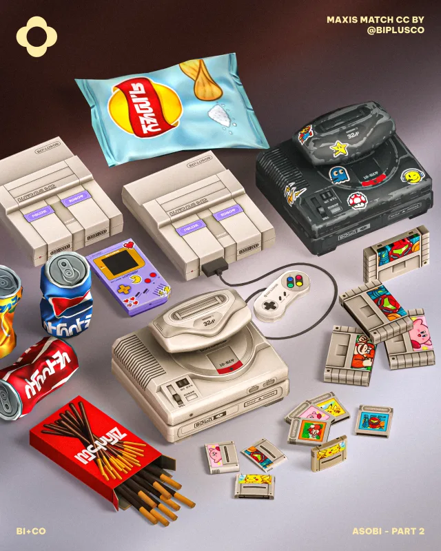 Asobi Part 2 Part two is officially here, featuring even more functional vintage consoles! This time, we’re taking inspiration from the S ega Tower of Power, the SNES, and the Game de biplusco para Los Sims 4