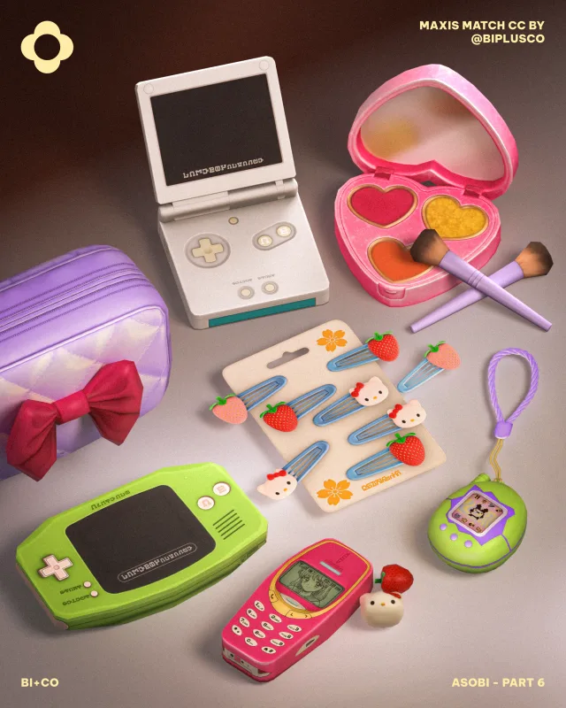 Asobi - Part 6 As we near the end of Asobi colección, we wanted to celebrate the adorable and nostalgic side of gaming and makeup girlies! This set is perfect for creating that dr de biplusco para Los Sims 4