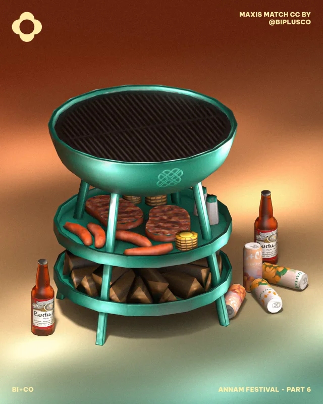 BI+CO Annam Festival - Part 6 Ready to Sizzle & Serve? Kick off the New Year with an outdoor BBQ vibe! Featuring our new functional grill! All item is juego base Compatible (B de biplusco para Los Sims 4