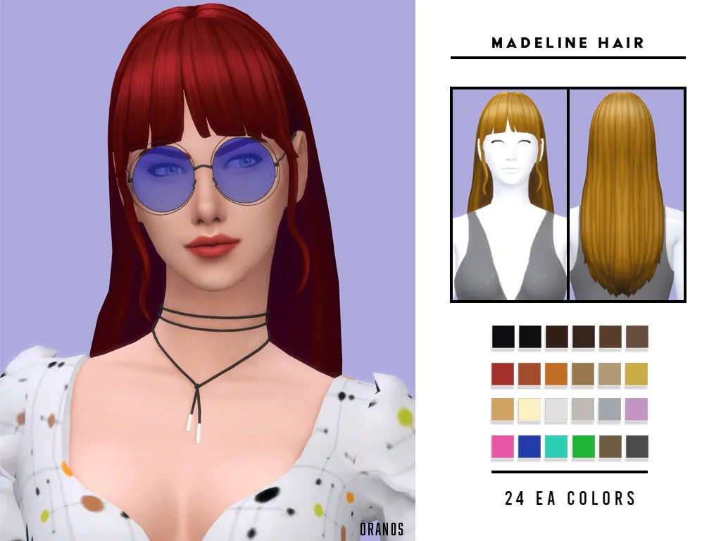 Vista previa de Cabello Madeline, cabello de oranos para Los Sims 4.