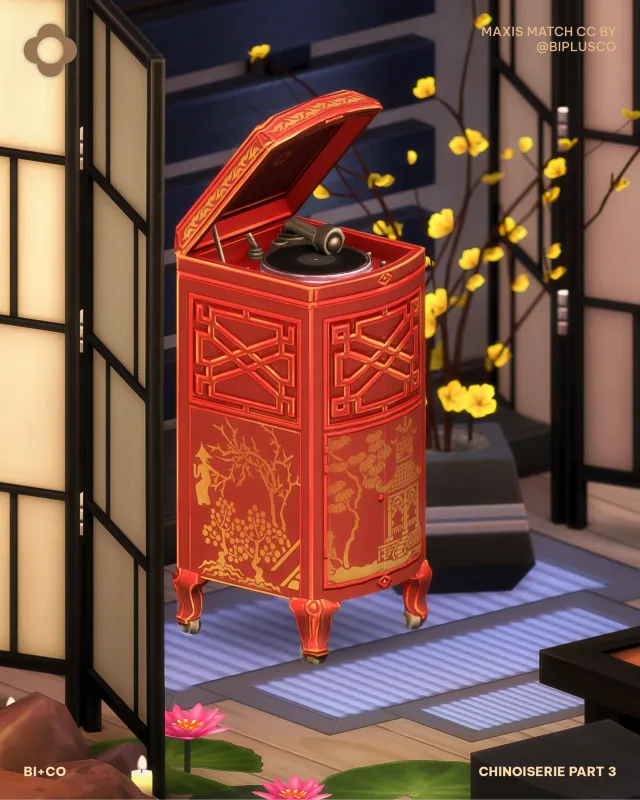 Chinoiserie - Part 3 The Canton Gramophone Cabinet is a striking accent piece for a chinoiserie-theme home. It has a polished black case from vox wood, adorned with intricate chino de biplusco para Los Sims 4