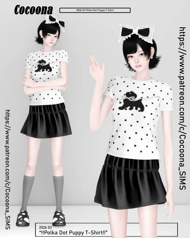 Vista previa de Cocoona_Polka Dot Puppy T-Shirt, ropa de cocoona-sims para Los Sims 4.