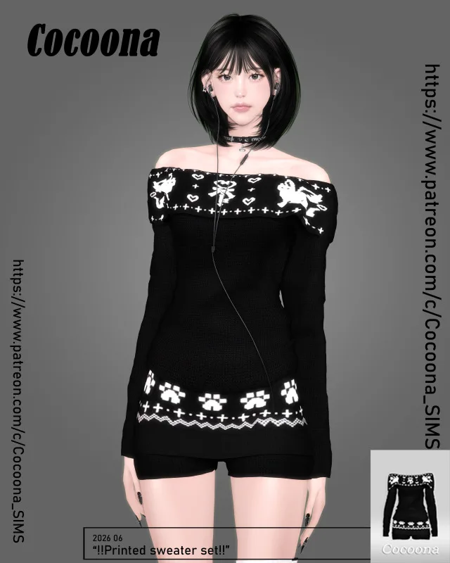 Vista previa de Cocoona_Printed sweater set202606, ropa de cocoona-sims para Los Sims 4.