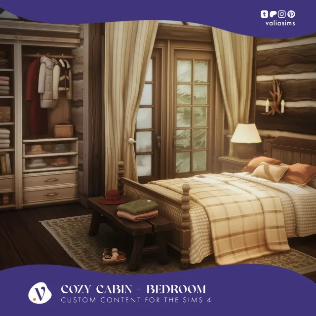 Cozy Cabin colección - Bedroom Hey everyone! The final part of the Cozy Cabin colección is here! It is a bedroom set and includes a modular closet with items to fill them up with de valiasims para Los Sims 4