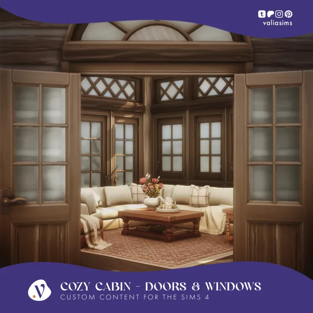 Cozy Cabin colección - Doors & Windows Hey everyone! Here is the next part of the Cozy Cabin colección which includes windows and doors. I wanted to add some curtains too as you de valiasims para Los Sims 4