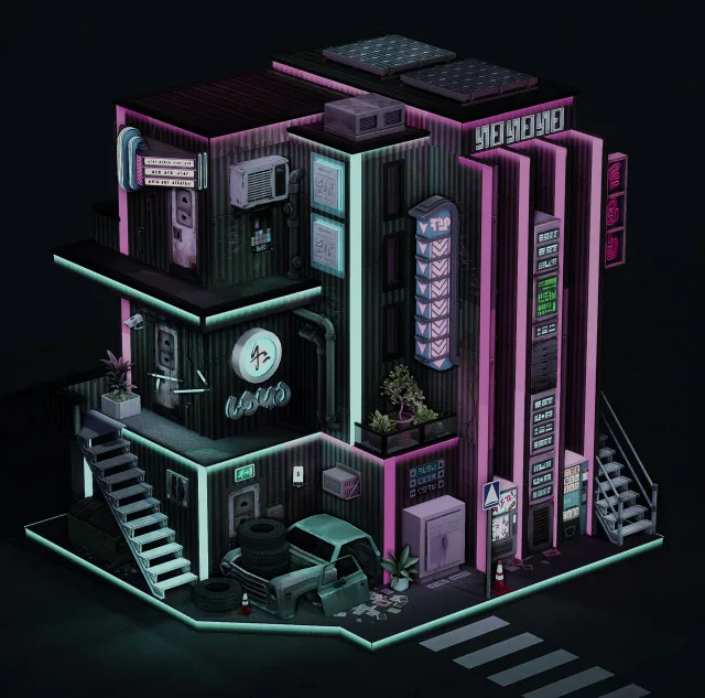 Vista previa de Cyberpunk build download simfileshare patreon, solares y habitaciones de axiisims para Los Sims 4.