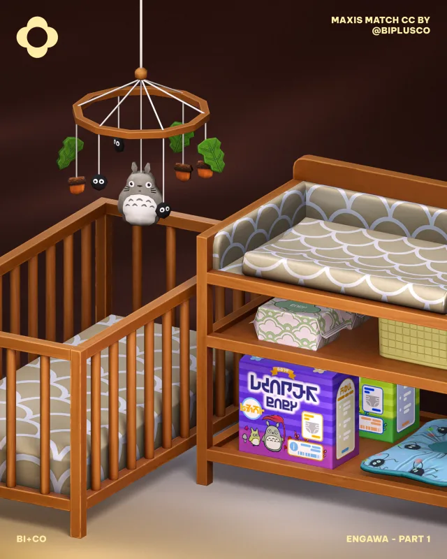 Engawa - Part 1 We’re starting off the Engawa colección with the essentials of any nursery. From sturdy Japandi-inspired furniture to those tiny, realistic details like diaper bag de biplusco para Los Sims 4