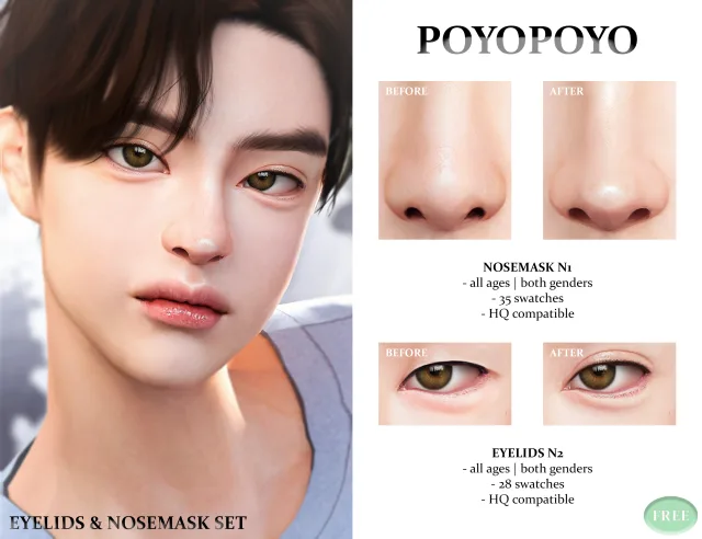 Vista previa de Eyelids nosemask set nosemask all ages both, maquillaje de poyopoyosim para Los Sims 4.