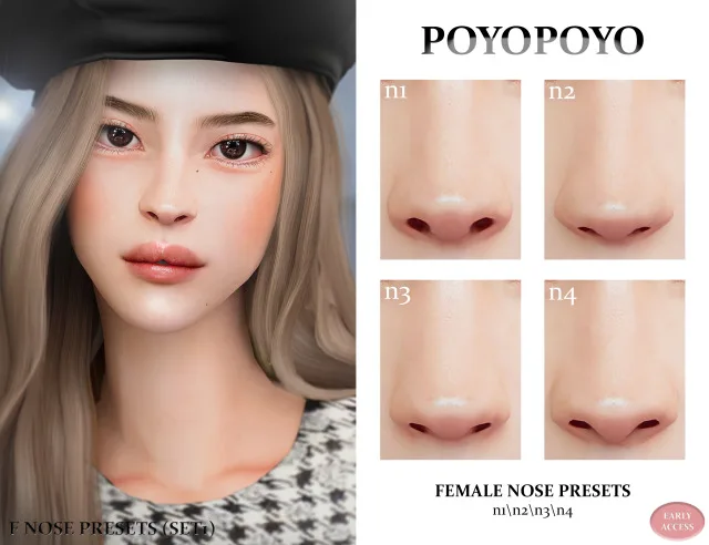 Vista previa de Female nose presets n1n2n3n4 teen, genética de poyopoyosim para Los Sims 4.