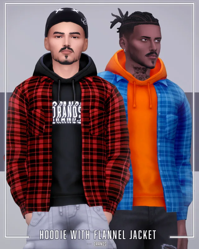 Vista previa de Hoodie With Flannel Jacket, ropa de oranos para Los Sims 4.