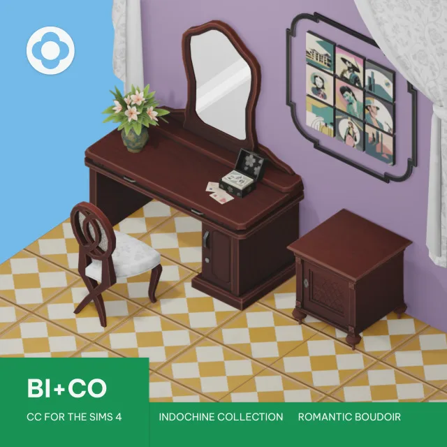Indochine colección - Romantic Boudoir Set Happy holidays, Simmers! We hope y’all had a wonderful break! We are back with our latest CC, Romantic Boudoir Set as a par de biplusco para Los Sims 4