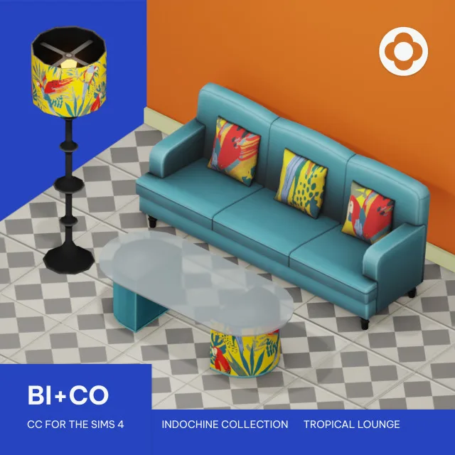 Indochine Miniset - Tropical Lounge Introducing the Indochine Tropical Lounge Miniset: an enchanting fusion of opulence and vibrant allure. Sink into our plush sofas wi de biplusco para Los Sims 4