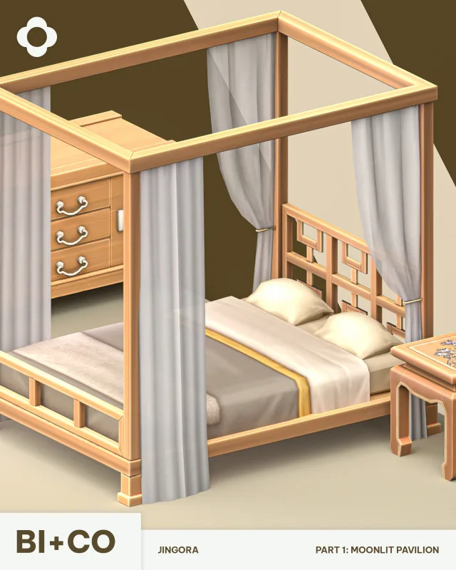 Jingora Part 1: Moonlit Pavilion Welcome to the Moonlit Pavilion - the first set in our Jingora colección ! This bedroom set is our little tribute to the calm elegance of classic de biplusco para Los Sims 4