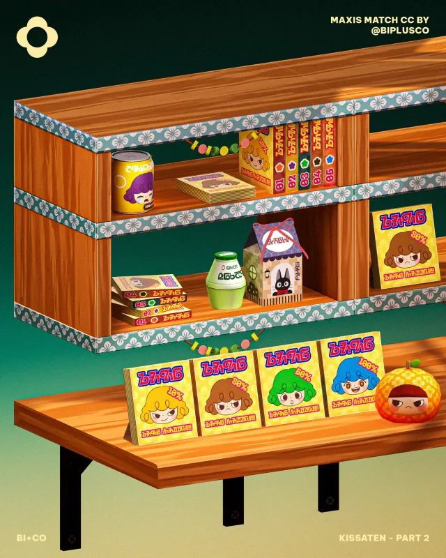 Kissaten - Part 2 Part 2 of our Kissaten Series is all about the little things . From well-loved childhood manga and vibrant vintage toys to your favorite snacks, these pieces de biplusco para Los Sims 4