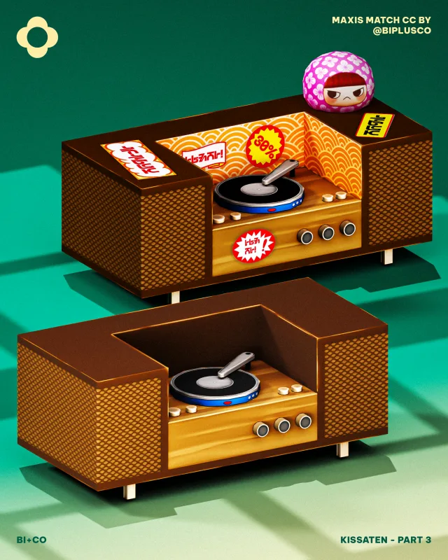 Kissaten - Part 3 We’re introducing a timeless record player to liven up your Sim’s favorite geeky corner . This retro piece comes in two distinct versions: The Classic : New de biplusco para Los Sims 4